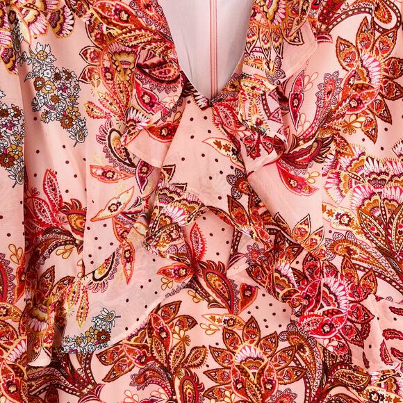 Julia Jordan Ruffled Flounce Bell Sleeve Floral Paisley Pink Midi Dress 8 NWT - Picture 7 of 16